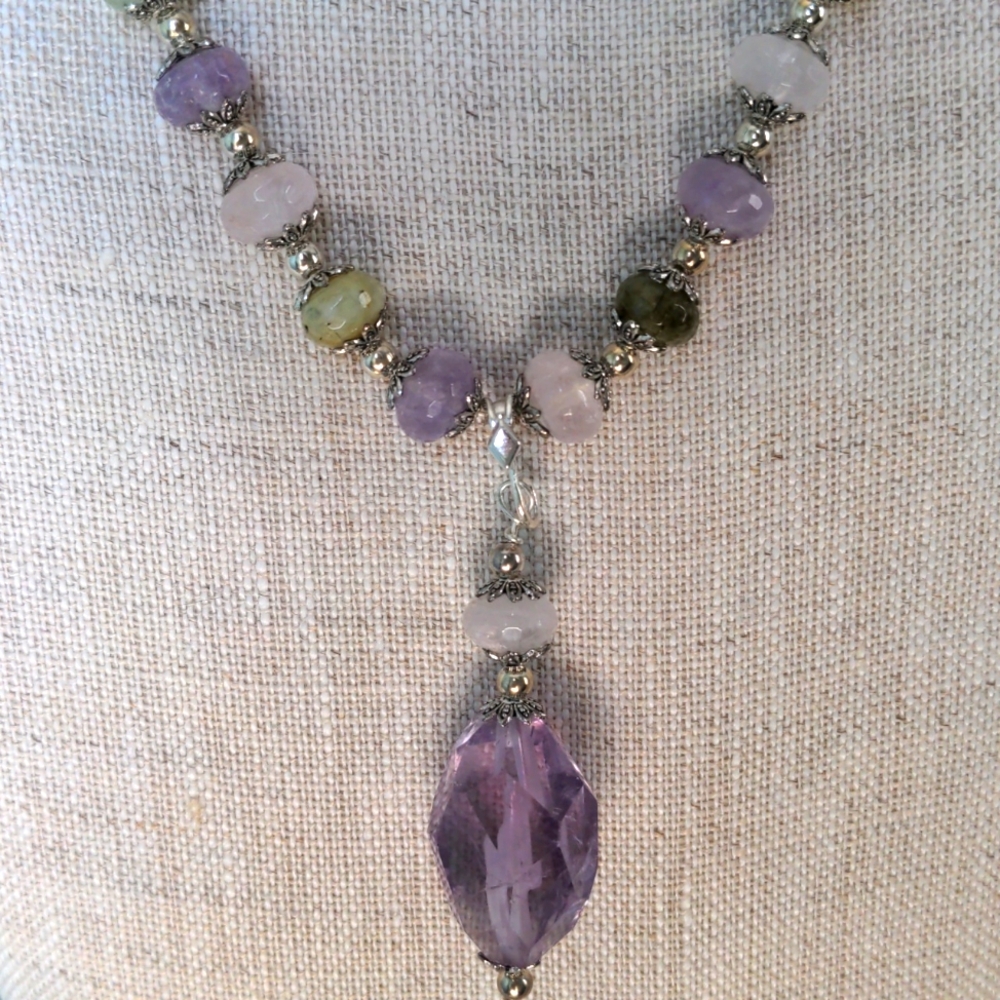 Genuine Gemstone Beaded Necklace, Amethyst Pendant, Silver, Handcrafted, New - Picture 2 of 9